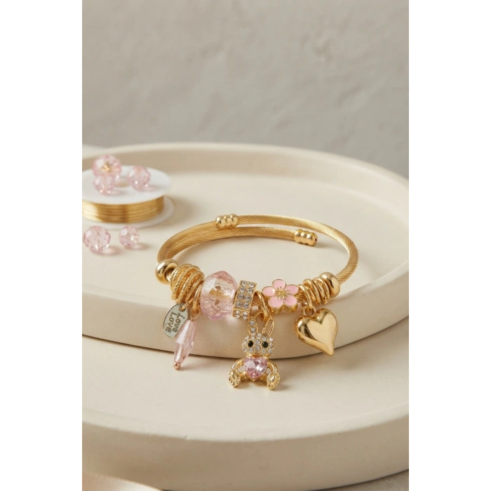 Tavşan Model Gold Renk Pembe Charmlı Bileklik