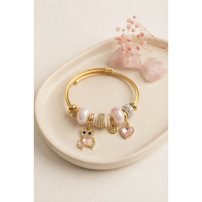 Tedy Bear Model Gold Renk Pembe Charmlı Bileklik
