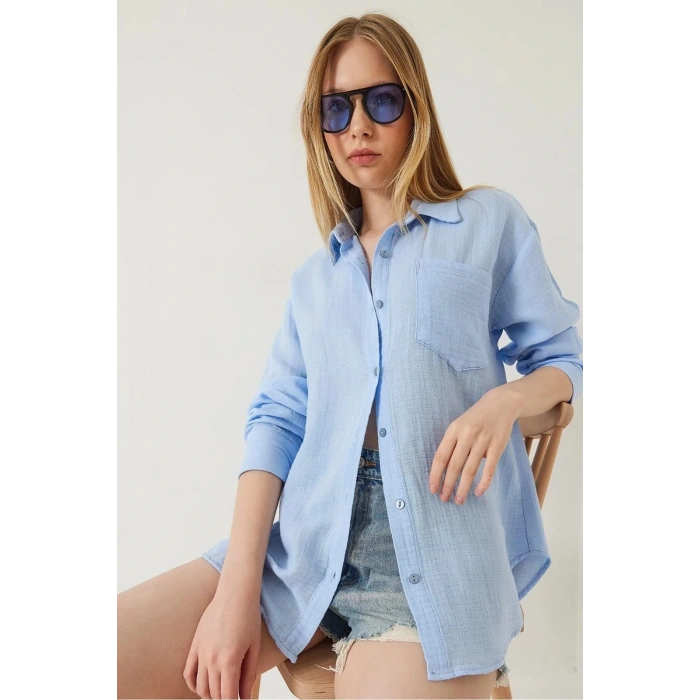 Tek cepli müslin gömlek mavi pt