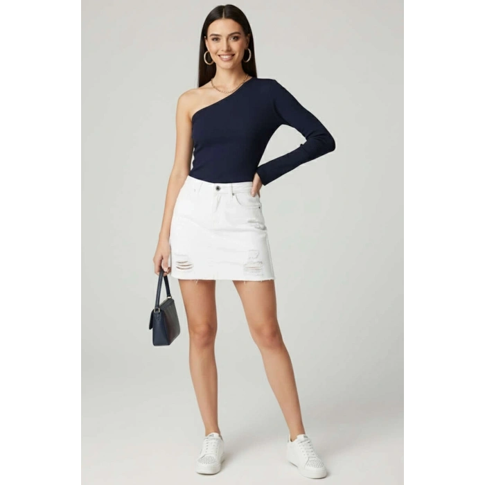 Tek Omuzlu Basic Bluz Lacivert