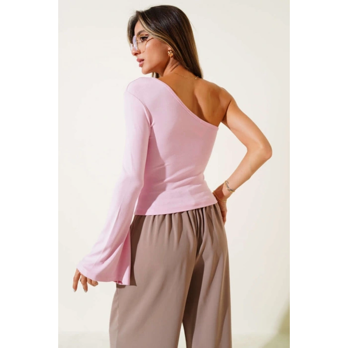 Tek Omuzlu Basic Bluz Pembe