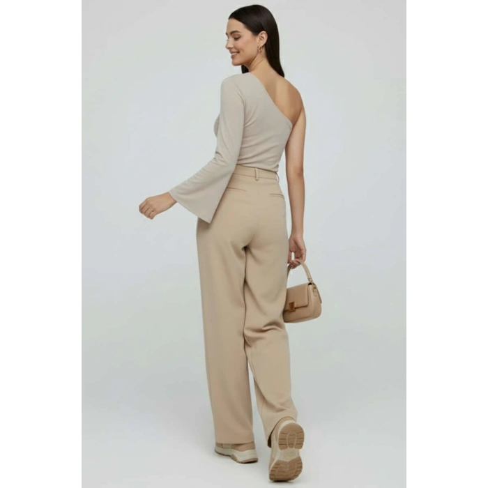 Tek Omuzlu Basic Bluz Vizon