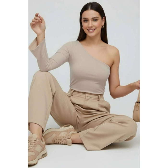 Tek Omuzlu Basic Bluz Vizon