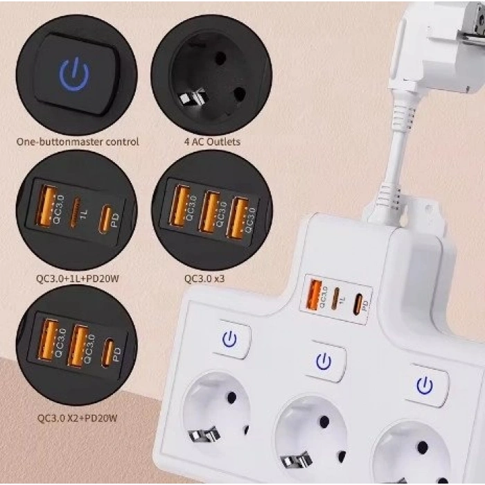 Termal Akım Korumalı 3’lü Duvar Tipi Priz 1x Usb 2x Type-c Çıkışlı Grup Priz Çoğaltıcı (3500w)