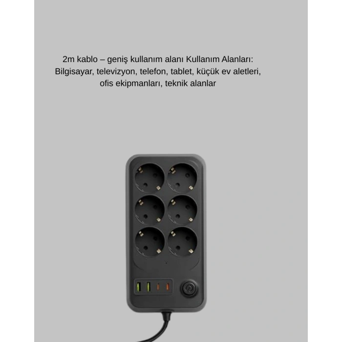 Termal Akım Korumalı 6’lı Uzatma Priz USB TypeC Hızlı Şarj 2500W