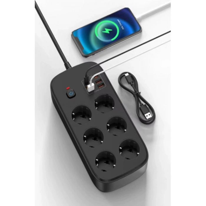 Termal Akım Korumalı 6’lü Priz 4x Usb 2x Type-c Çıkışlı Grup Priz Çoğaltıcı (3500w) Siyah