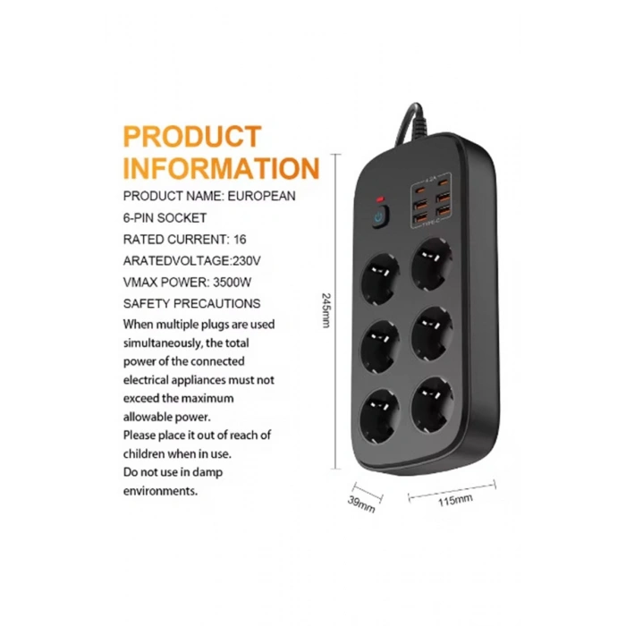 Termal Akım Korumalı 6’lü Priz 4x Usb 2x Type-c Çıkışlı Grup Priz Çoğaltıcı (3500w) Siyah