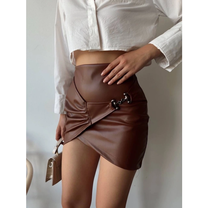 Tokalı deri etek kahve