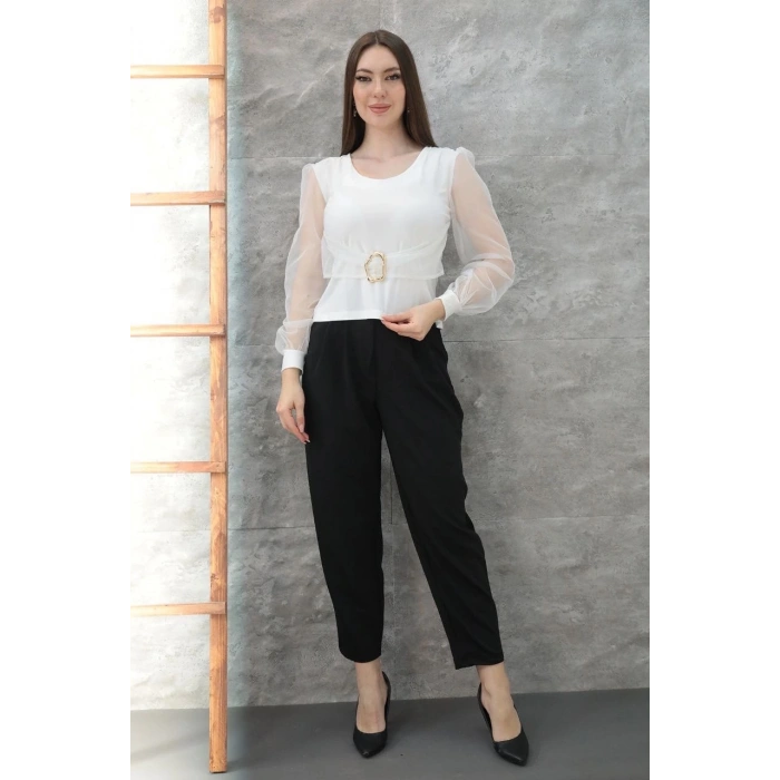 Tokalı tül kollu bluz beyaz