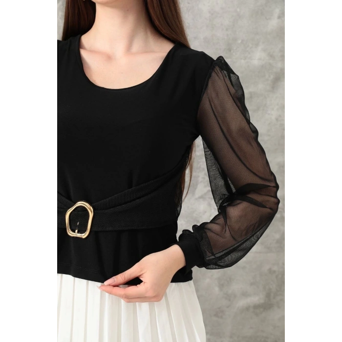 Tokalı tül kollu bluz siyah