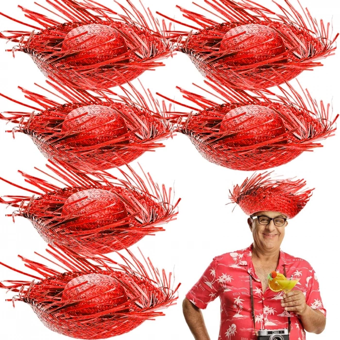 Tropikal Parti Kırmızı Hasır Hawaii Şapkası 13x36 cm
