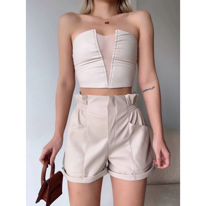 Tüllü deri crop bej w24615