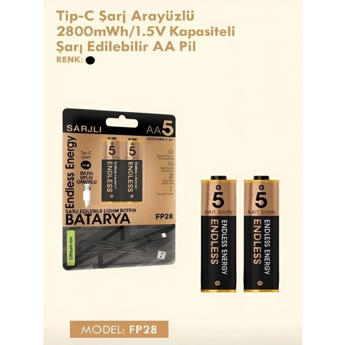 Type-c Şarjlı 2800mwh 1.5v Şarj Edilebilir 2’li Aa5 Kalın Pil - Lityum Iyon Batarya