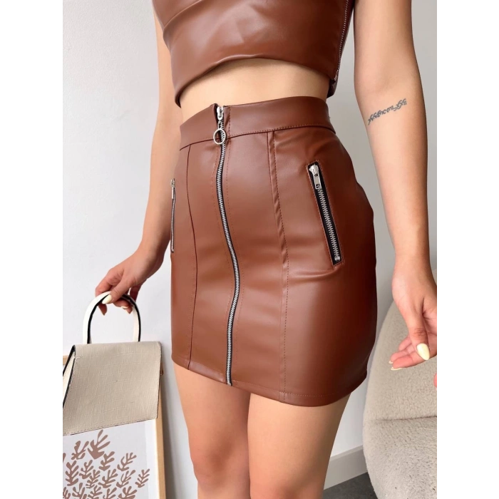 Üç fermuarlı deri etek kahve