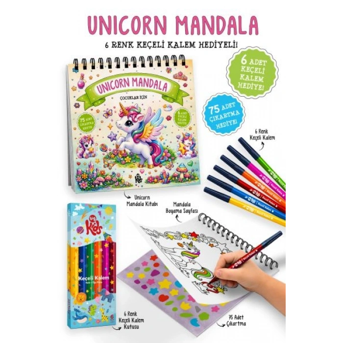 Unicorn Mandala - 6 Renk Keçeli Kalem ve 75 Adet Çıkartma Hediyeli 3+