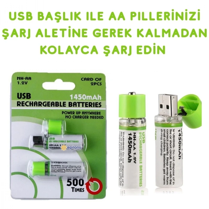 Usb ile Şarj Olabilen 2 li 1450 mah Lityum Kalın Şarjlı Kalem Pil (  )