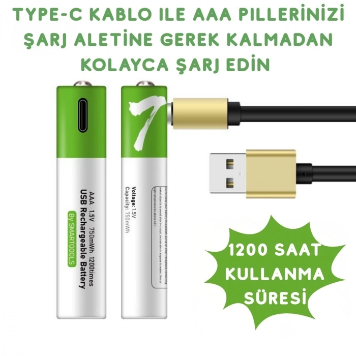 Usb TypeC ile Şarjolabilen 4 Adet AAA 1.5V Lityum Şarjlı Kalem Pil 750 mAH Uzun Ömürlü (  )