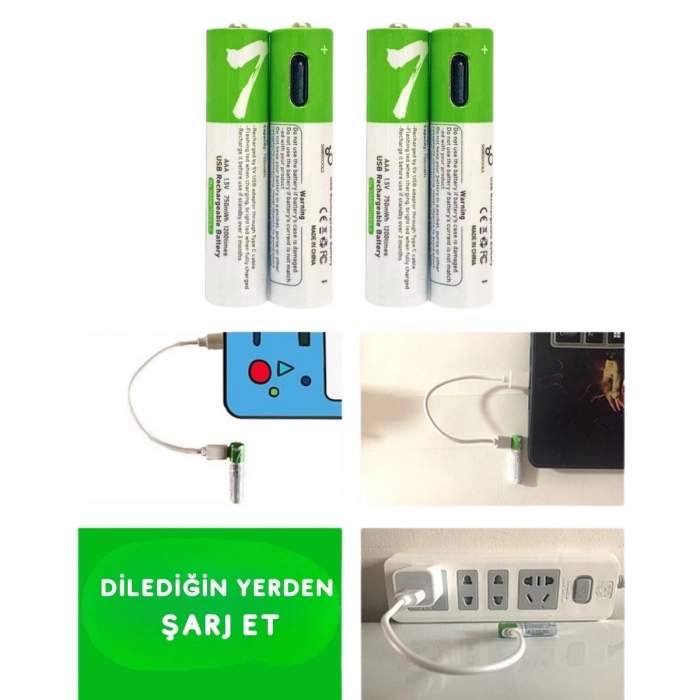 Usb TypeC ile Şarjolabilen 4 Adet AAA 1.5V Lityum Şarjlı Kalem Pil 750 mAH Uzun Ömürlü (  )