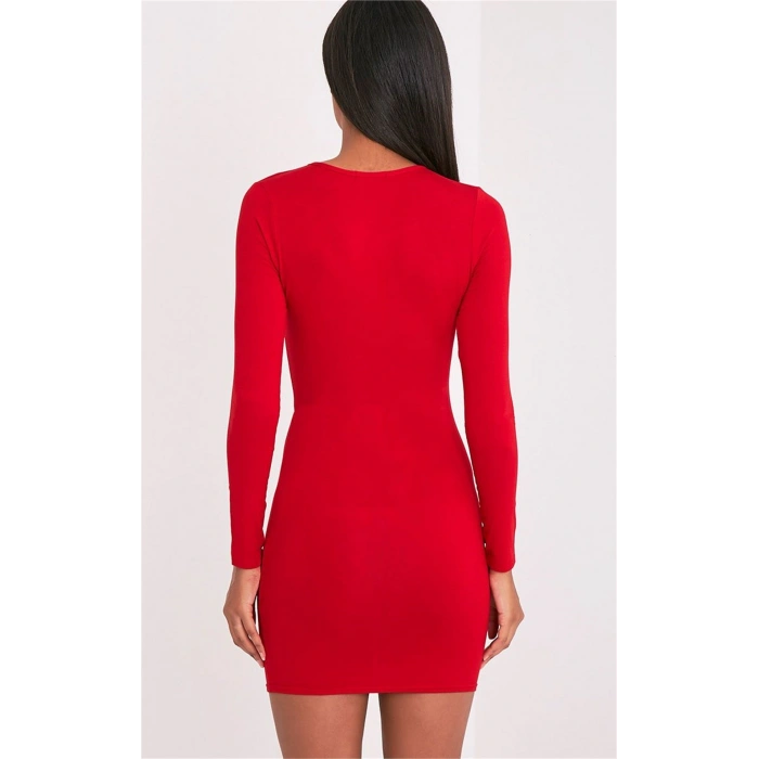 Uzun Kollu Mini Kırmızı Elbise