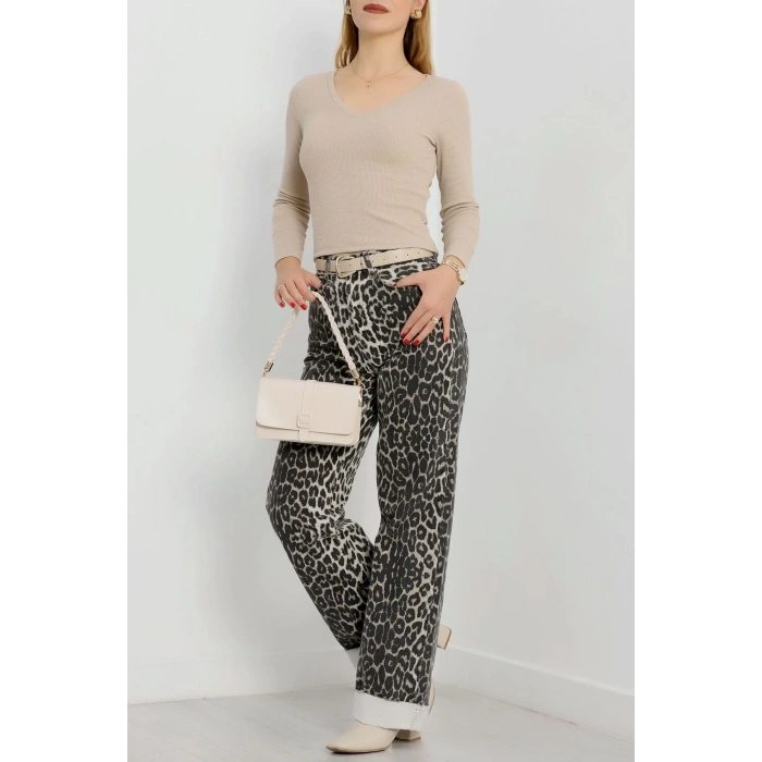 V yaka kaşkorse bluz bej