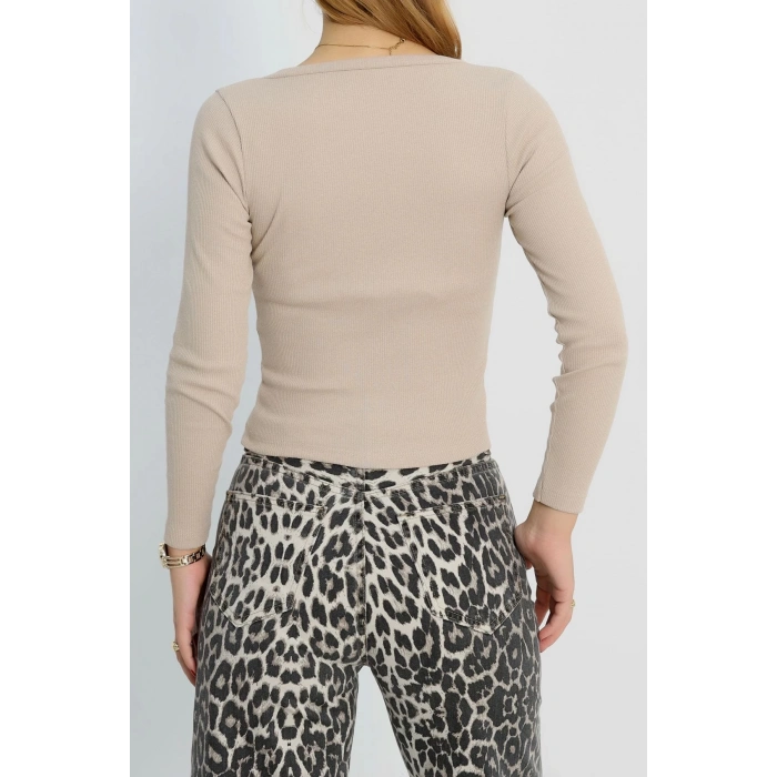 V yaka kaşkorse bluz bej