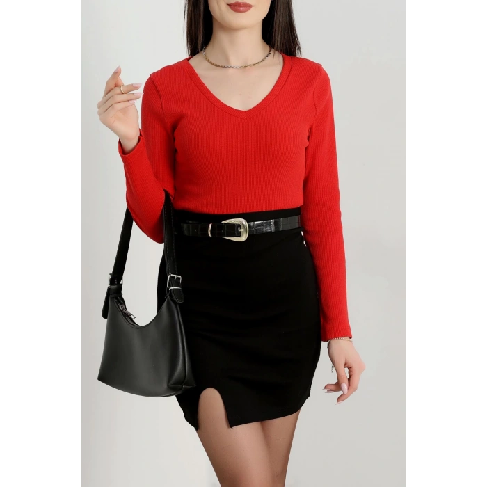 V yaka kaşkorse bluz kırmızı