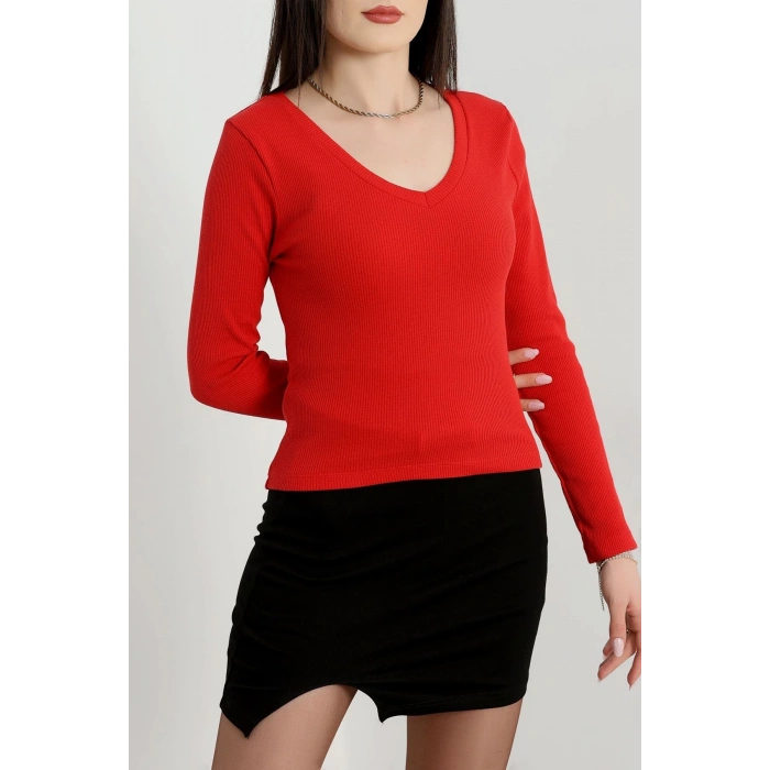 V yaka kaşkorse bluz kırmızı