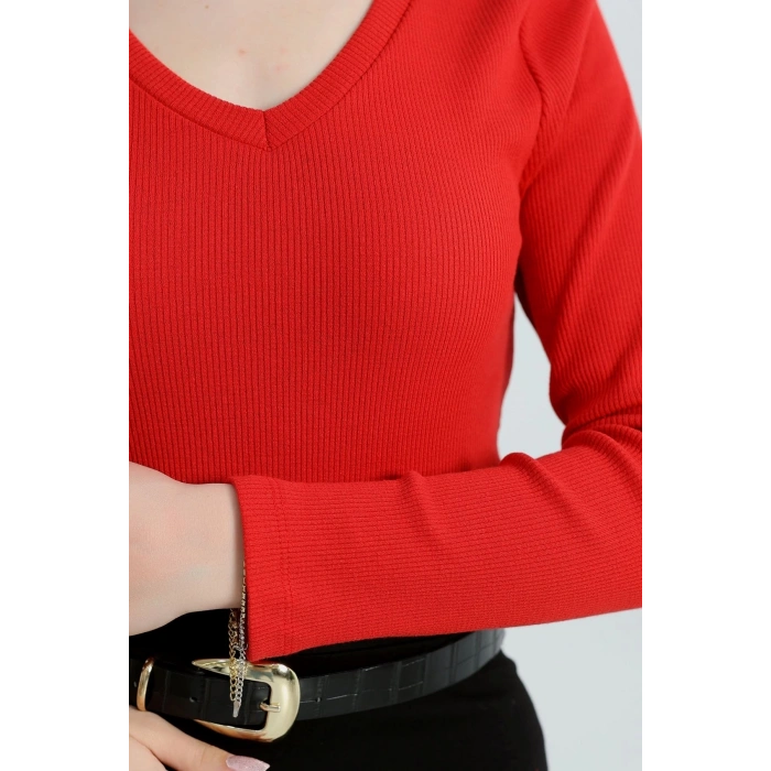 V yaka kaşkorse bluz kırmızı