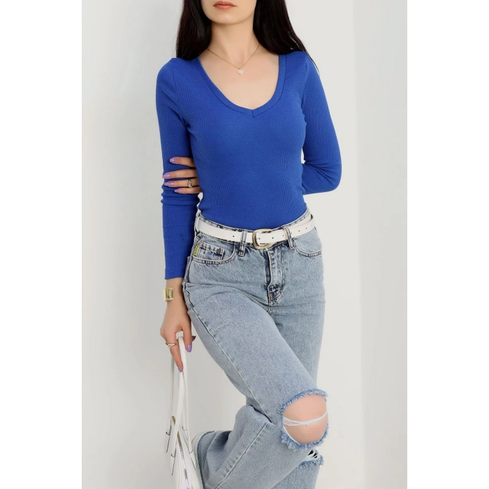 V yaka kaşkorse bluz saks mavisi