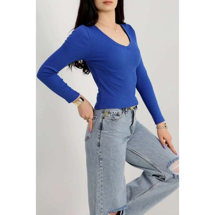 V yaka kaşkorse bluz saks mavisi