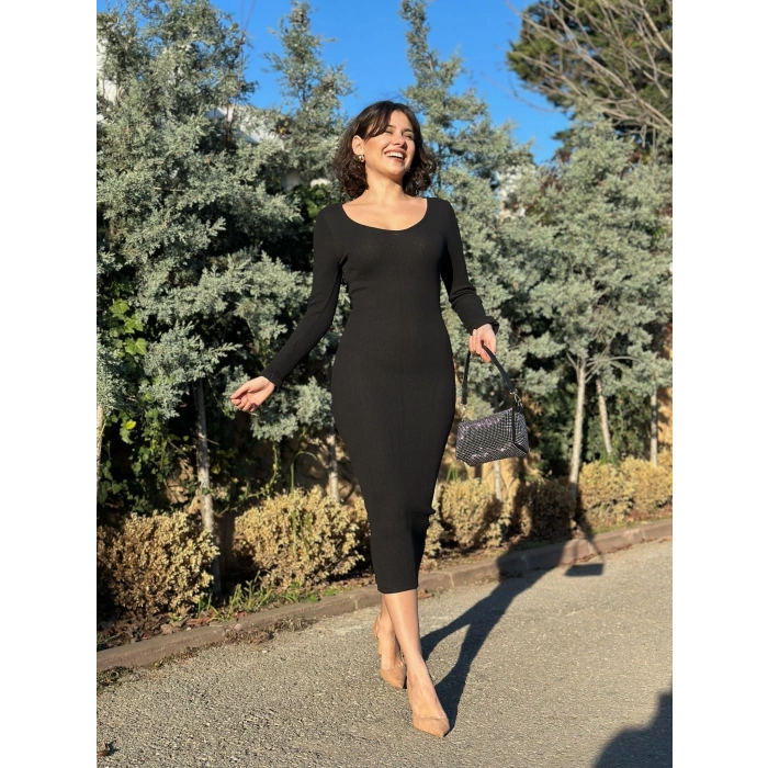 V yaka Uzun kollu midi boy elbise siyah