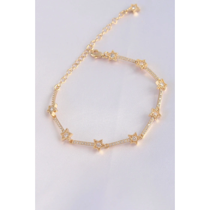 Vip Seri Pirinç Zirkon Taşlı Gold Renk Halley Model Bileklik