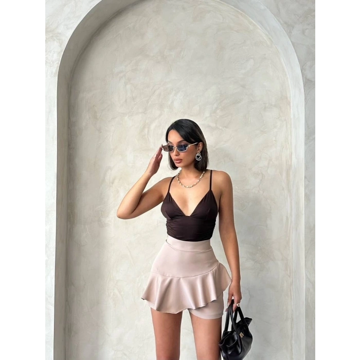 Vnlu fırfırlı şort bej s24683