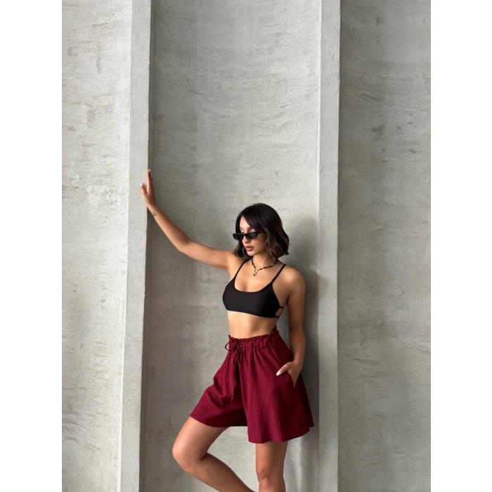 Volanlı keten şort bordo s255058