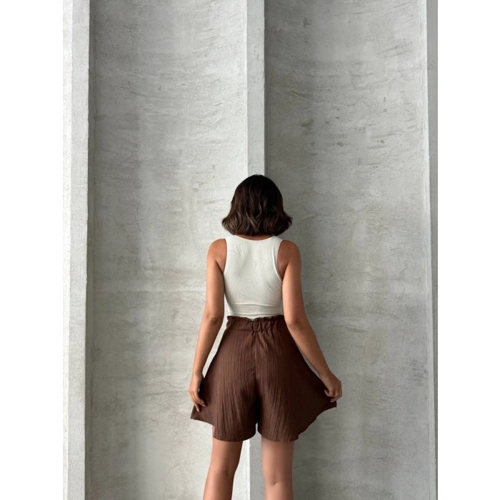 Volanlı keten şort kahve s255058