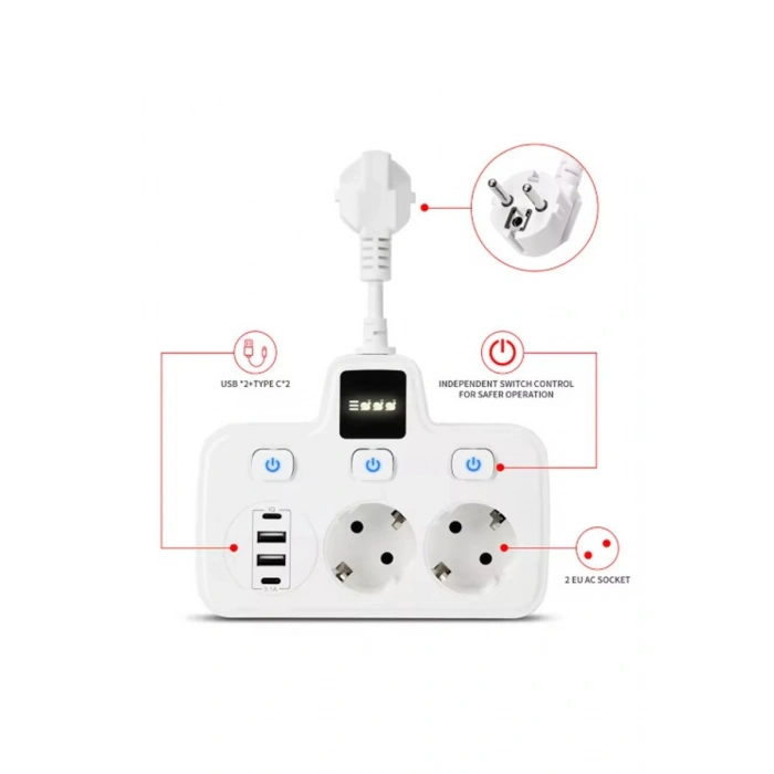 Vtn-503 Akım Korumalı Duvar Tipi Priz 2x Usb 2x Priz Typce 20w