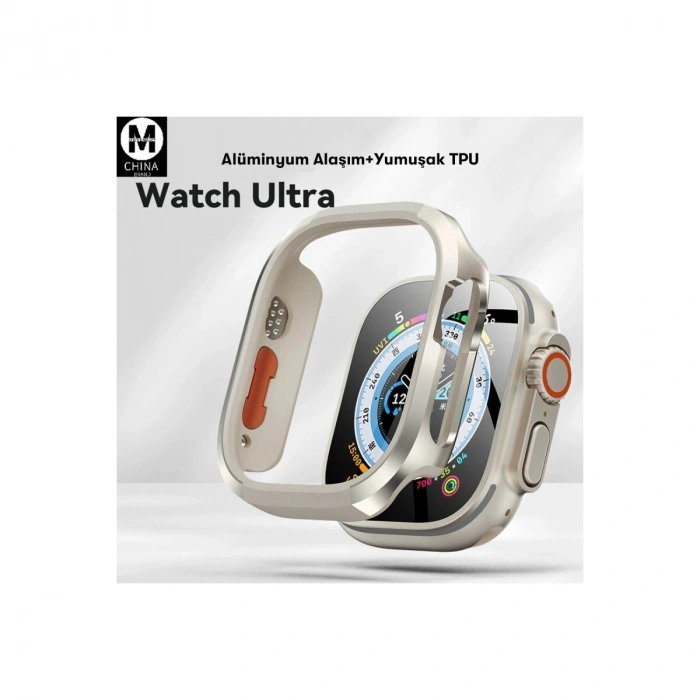 Watch Ultra 49mm Mo-wt3 Alüminyum Camlı Kasa Ekran Koruyucu - Gold