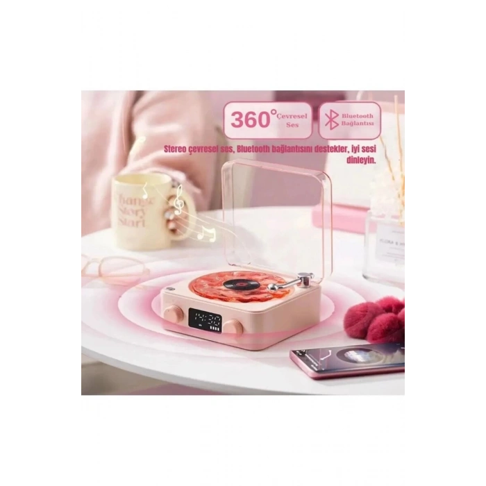 Wes Nostalji Plak Görünümlü Bluetooth Hoparlör 3d Ses Daası Retro Müzik Plak Pembe