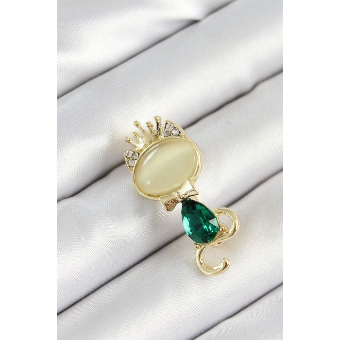 Yeşil Damla Zirkon Taşlı Kraliçe Taçlı Kedi Figürlü Gold Renk Kadın Broş