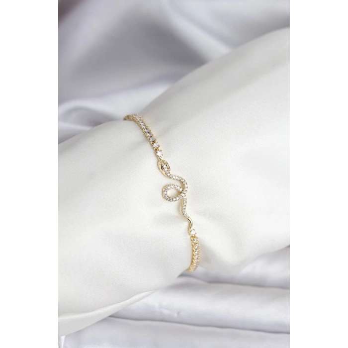 Yılan Model Zirkon Taşlı Gold Renk Pirinç Su Yolu Kadın Bileklik