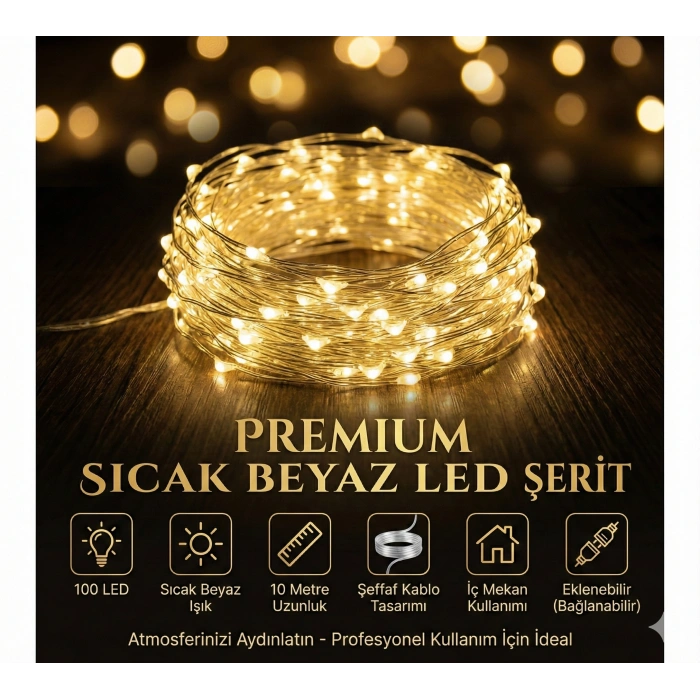 Yılbaşı Aydınlatması 100 LED Perde Hortum Sıcak Beyaz Işık - 10 Metre Dekoratif Şeffaf Kablolu Süs