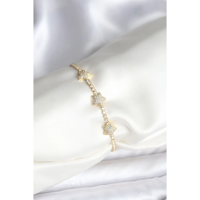 Yıldız Model Zirkon Taşlı Gold Renk Pirinç Su Yolu Kadın Bileklik