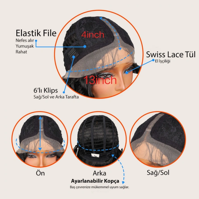 Yoğun Daa Siyah Fiber Sen Geniş T Tül Peruk