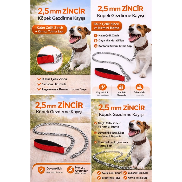 Zincir Köpek Gezdirme Kayışı Dalı Çelik & Ergonomik Tutma Saplı 2,5 mm-120 cm Kırmızı