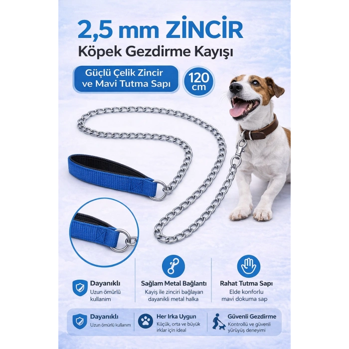 Zincir Köpek Gezdirme Kayışı Dalı Çelik & Ergonomik Tutma Saplı 2,5 mm-120 cm Mi