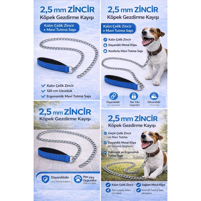 Zincir Köpek Gezdirme Kayışı Dalı Çelik & Ergonomik Tutma Saplı 2,5 mm-120 cm Mi