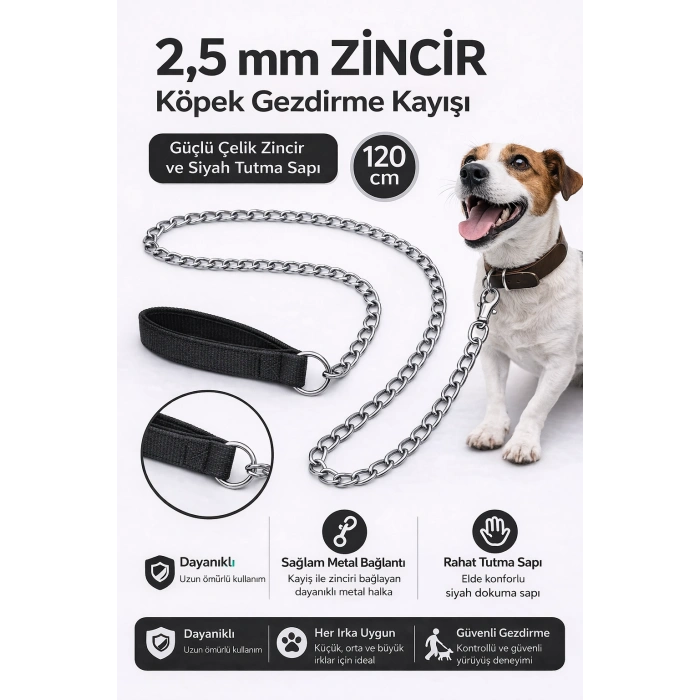 Zincir Köpek Gezdirme Kayışı Dalı Çelik & Ergonomik Tutma Saplı 2,5 mm-120 cm Siyah
