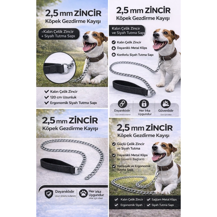 Zincir Köpek Gezdirme Kayışı Dalı Çelik & Ergonomik Tutma Saplı 2,5 mm-120 cm Siyah