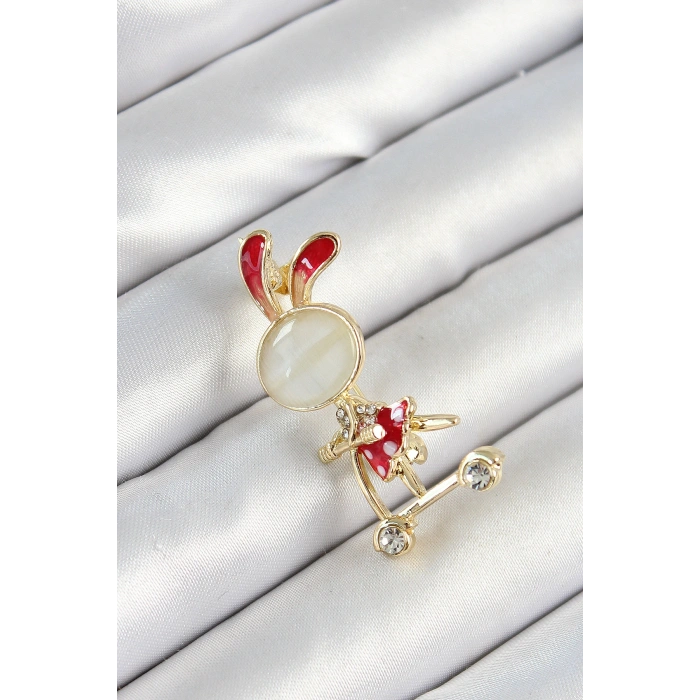 Zirkon Taş Detaylı Kırmızı 3D Scooter Süren Tavşan Kız Figürlü Gold Renk Kadın Broş