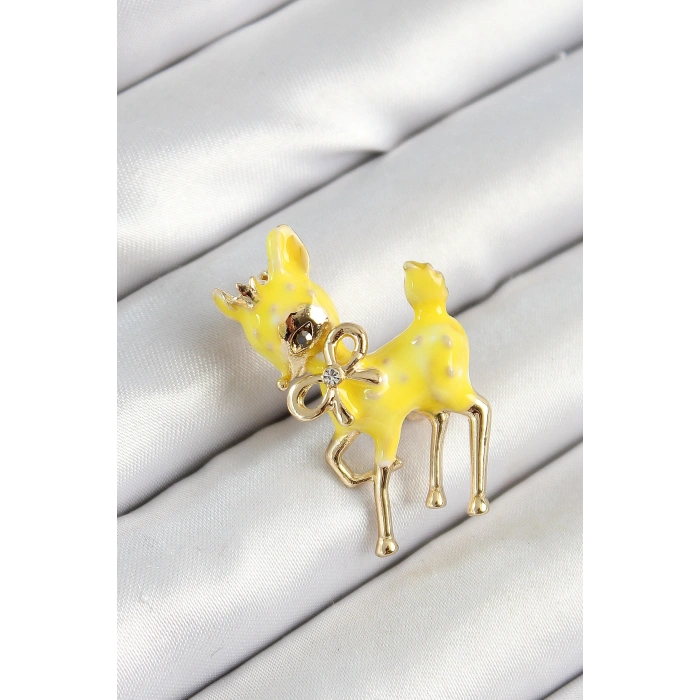 Zirkon Taşlı Fiyonk Detaylı 3D Sarı Ceylan Figürlü Gold Renk Kadın Broş